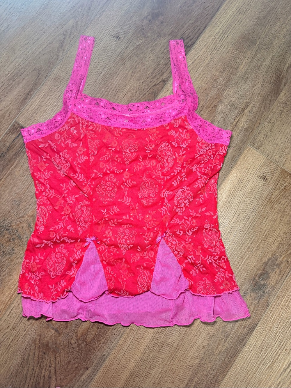 Vintage Y2K Sheer Lace Fairycore Paisley Cami Top Pink Red Ruffle Mesh Feminine